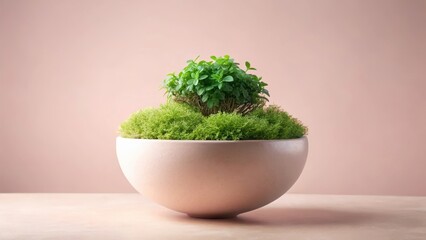 Fototapeta premium Serene miniature garden nestled in a blush-toned bowl, showcasing vibrant green foliage against a soft pink backdrop.