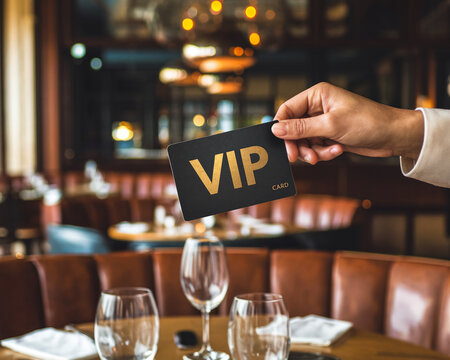 Close-up of a hand holding a VIP card in a stylish restaurant setting, symbolizing exclusivity, luxury, and premium access in a high-end dining environment.