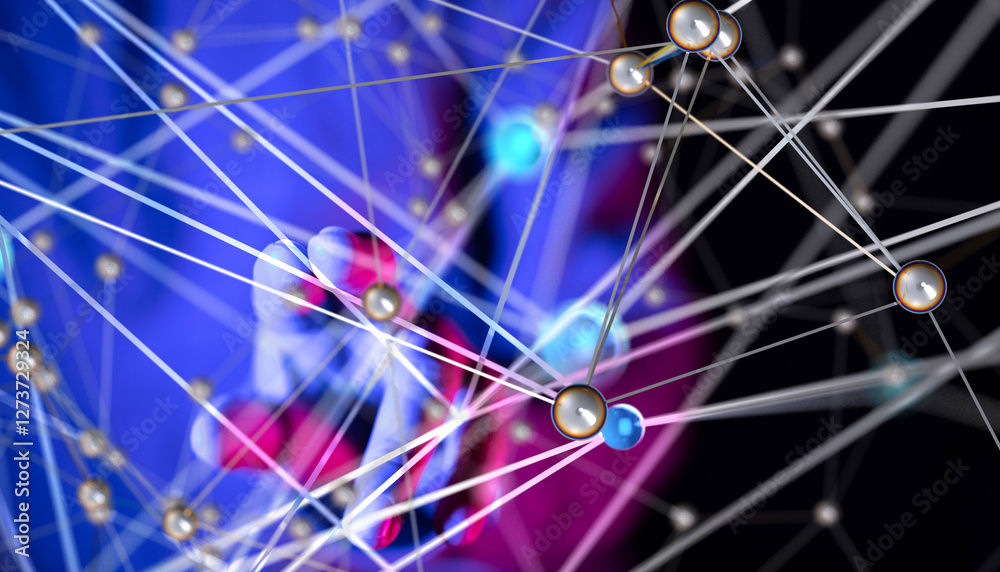 Poster Global network. Blockchain. 3D illustration. Neural networks and artificial intelligence. Abstract