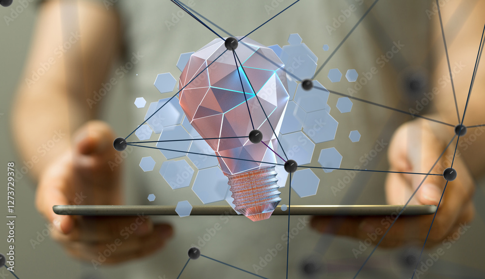 Poster Neural network 3D illustration. Big data and cybersecurity