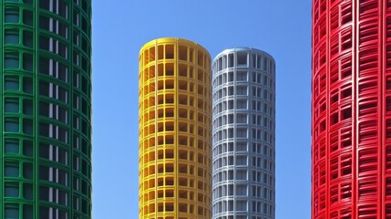 Obraz premium Abstract Cylindrical Structures in Green Yellow Grey and Red under a Bright Blue Sky