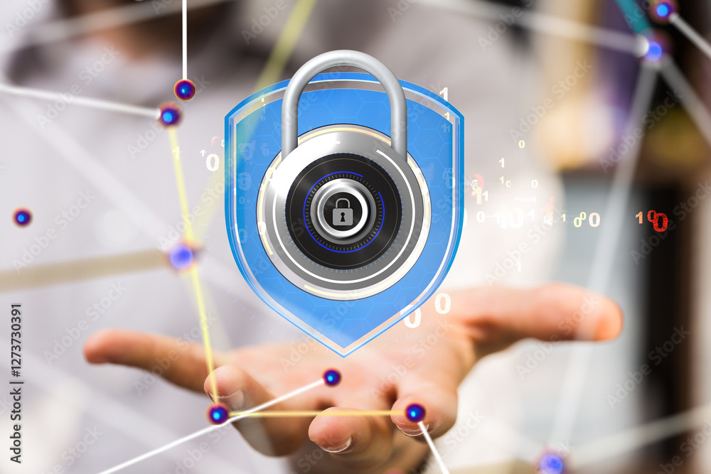 Poster secure lock - padlock holding in hand access concept 3d