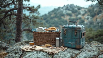 Fototapeta premium [Picnic essentials picnic cooler] Picnic in Nature Relaxation Retreat Mountain View