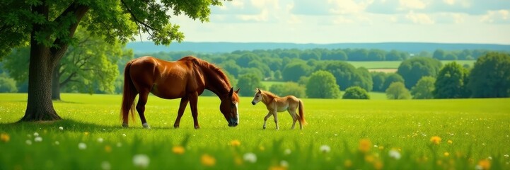 Obraz premium Mare grazing in lush green pasture with foal nearby, Nature, Peaceful Scene, Serenity