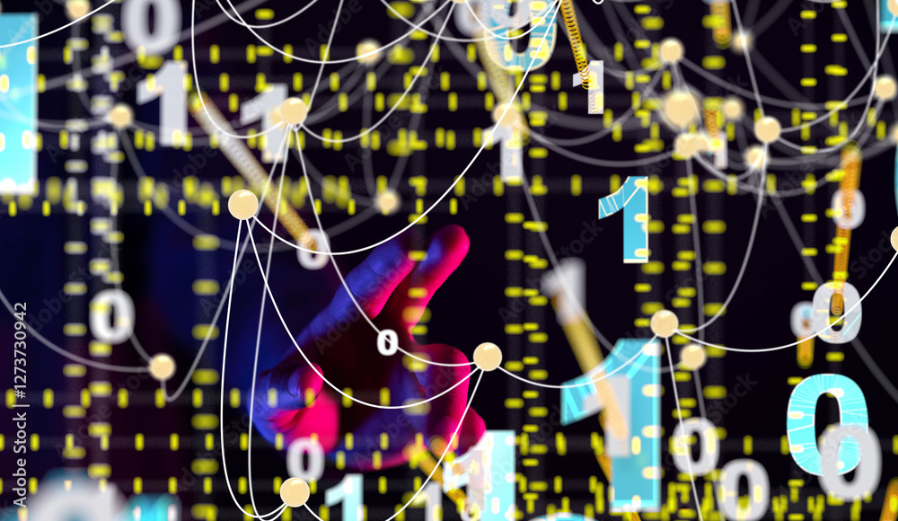 Poster Global network. Blockchain. 3D illustration. Neural networks and artificial intelligence. Abstract