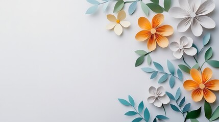 Colorful origami flowers and leaves