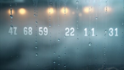 Hidden number meanings behind raindrops and water streams, mystical numbers in teal and yellow bokeh, numerology secrets concept