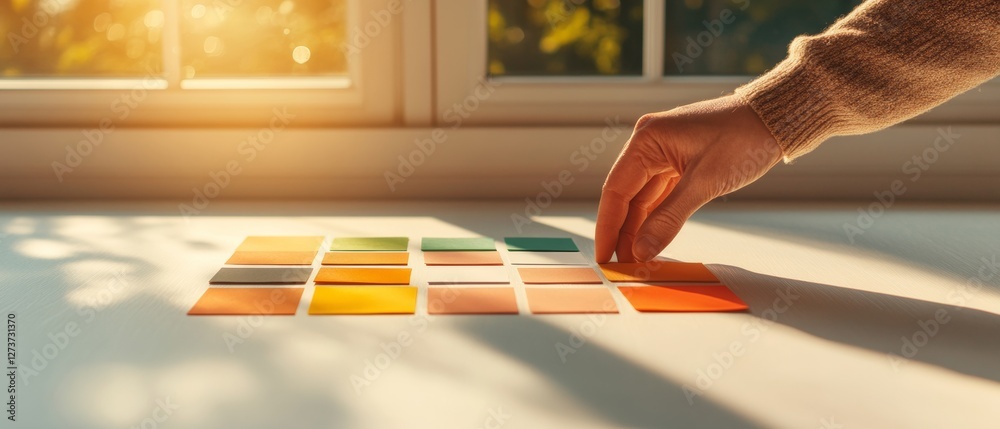 Aufkleber Sunlit Minimalist Workspace Organizing Colorful Workflow Cards on Smooth Surface - Agile Team Strategy and Efficiency for Modern Business Environments