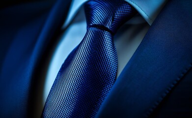 Refined close up of a deep blue tie showcasing sophisticated texture and style : Generative AI