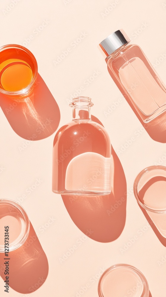 Aufkleber minimalist glassware display translucent laboratory bottles and vials on soft peach modern scientifi