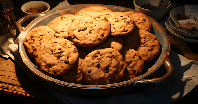 Freshly baked chocolate chip cookies served on a silver tray in a cozy cafe setting during afternoon tea time, inviting warmth and indulgence