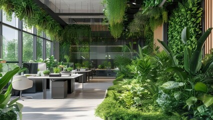 A modern office infused with lush greenery and natural light.