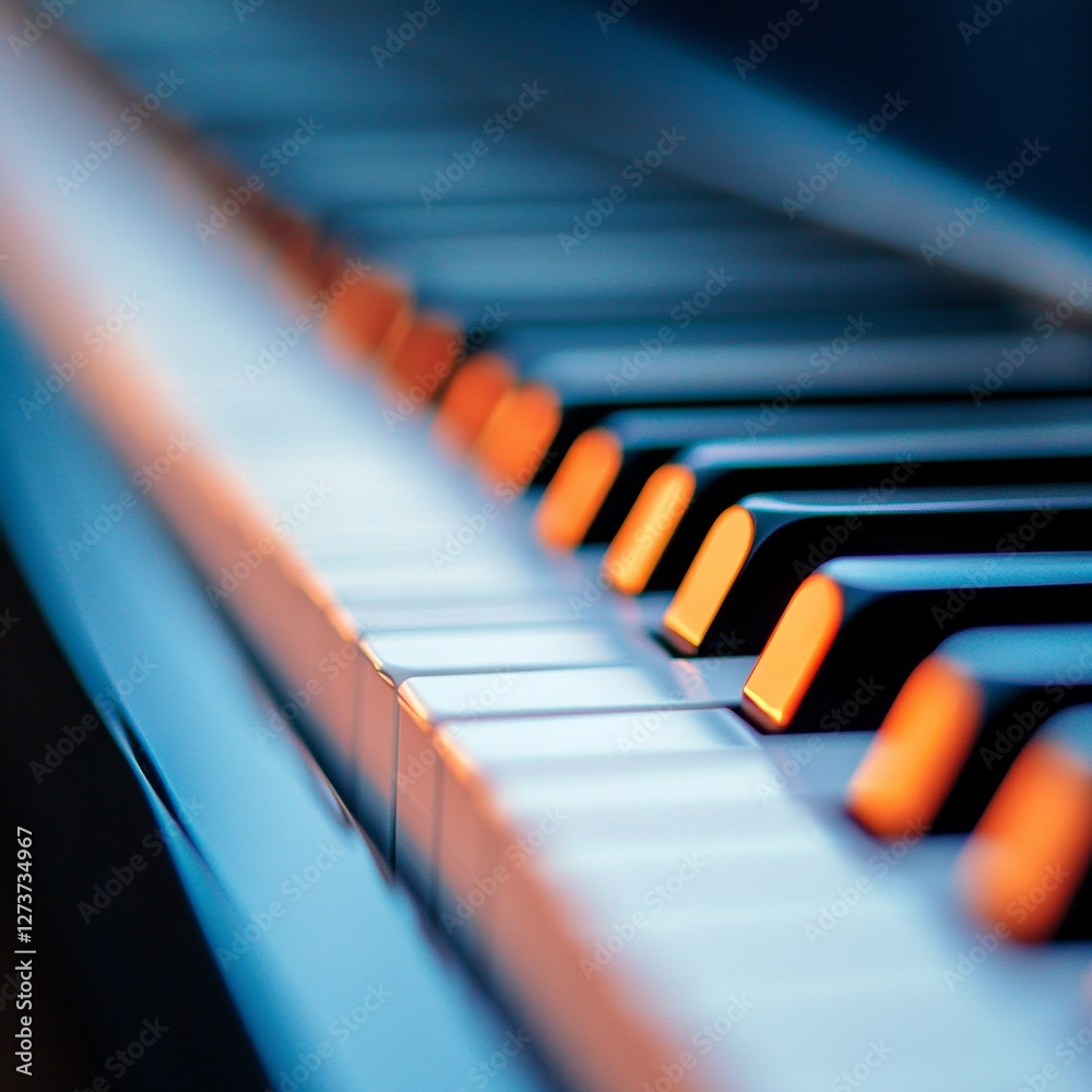 Poster sleek contemporary piano keys glossy finish on upright piano - educational tech display and skill en