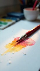Obraz premium Softly glowing light falls on a single paintbrush isolated on white surface, art supply, solitary object, studio