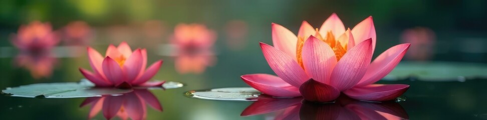 Fototapeta premium Soft orange and pink hues of blooming lotus flowers in the water, color palette, botanical