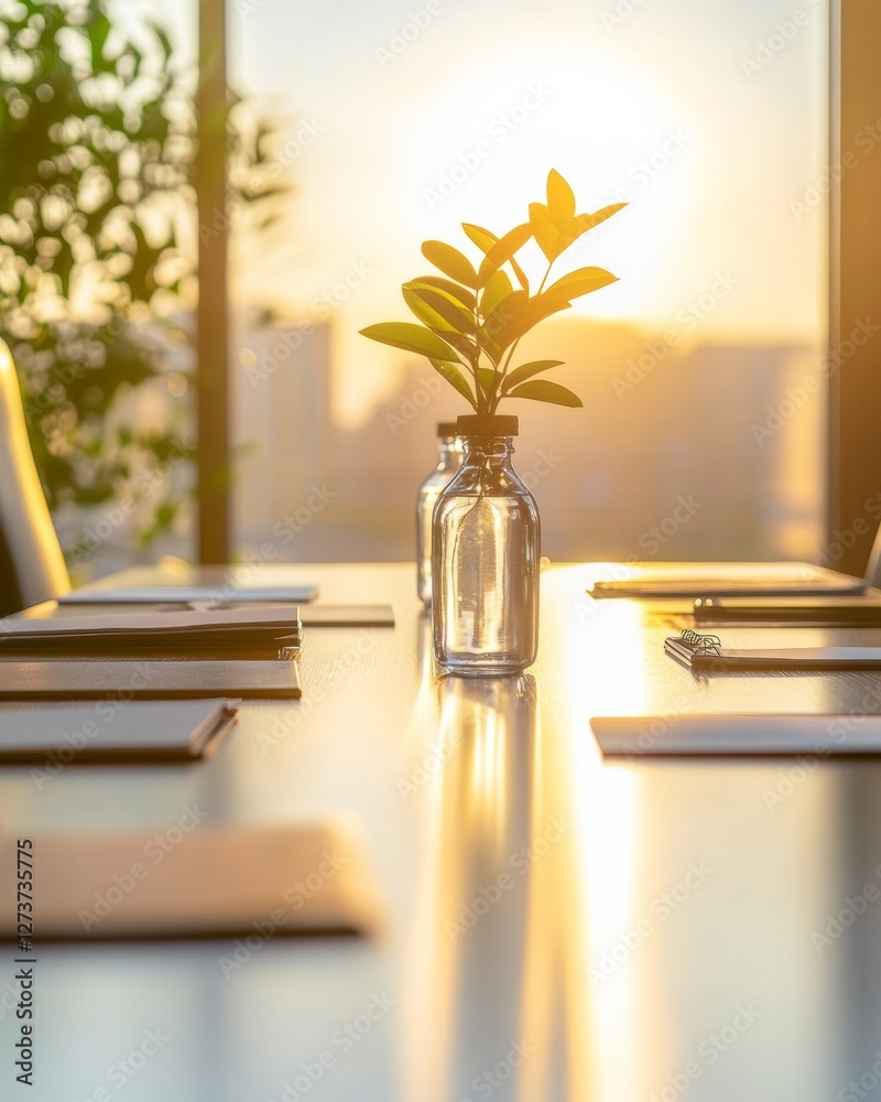 Poster sunlit minimalist conference setup glass vases and notepads on wooden table - professional workspace