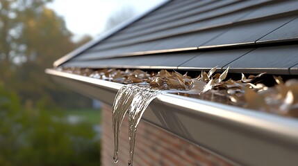 Rainwater flowing from a gutter filled with autumn leaves on a rooftop : Generative AI