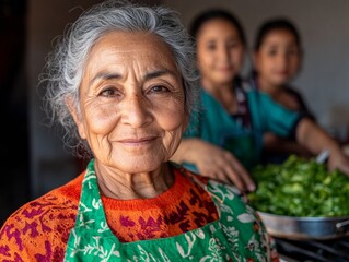 Warm Culinary Tradition Hispanic Family Sharing Traditional Recipe in Rustic Kitchen - Inspiring Homestyle Content for Community Engagement and Cultural Brand Storytelling