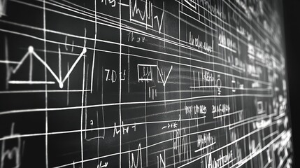 Analytical Data Displayed on a Blackboard Wall with Complex Charts and Graphs : Generative AI