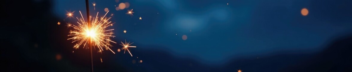 Twinkling sparkler against dark blue evening sky, mysterious darkness, stars fireflies twinkling