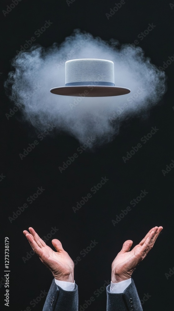 Poster mystical performance art floating top hat with ethereal smoke and dynamic lighting - engaging visual