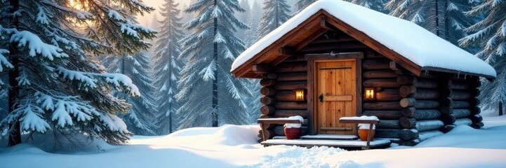 Snow-covered evergreen tree beside wooden cabin door, winter, forest