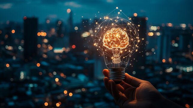 Innovative technology concept – hand holding light bulb with smart brain and digital network on futuristic blue city background







