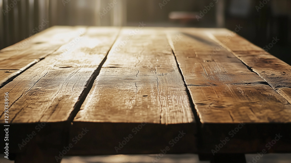 Poster Wooden table background with cozy soft sunlight and shadows. Empty wooden table countertop perspective copy space