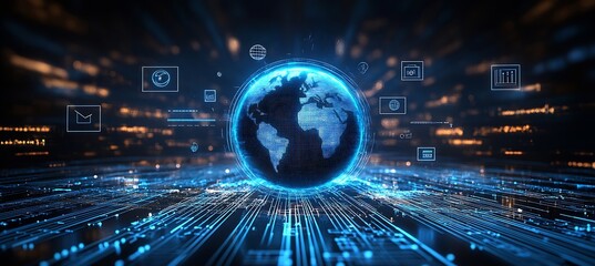 High-Tech Globe Displaying Data and Connections in a Futuristic Environment : Generative AI