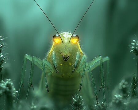 Glowing Cricket Hiding Among Tall Grass in Serene Meadow with Echoing Chirps