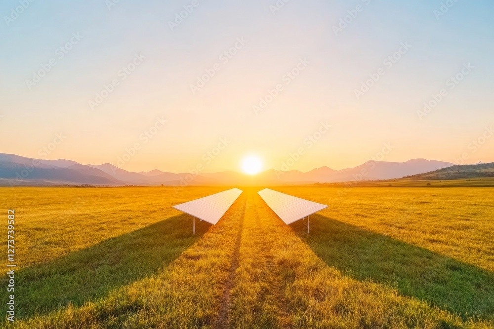 Aufkleber Sunset over Solar Fields Contemporary Sustainable Energy Array in Open Terrain - Industrial Infrastructure Concept and Renewable Power Innovation for Environmental Progress