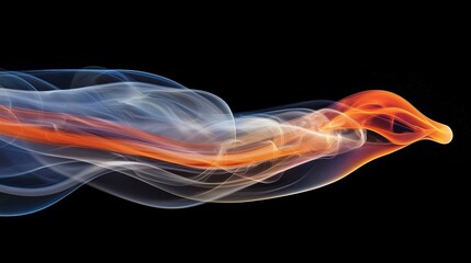 Fototapeta premium Abstract image of flowing, translucent orange and blue energy, swirling and twisting against a black background. The colors blend and shift creating a dynamic, ethereal effect.