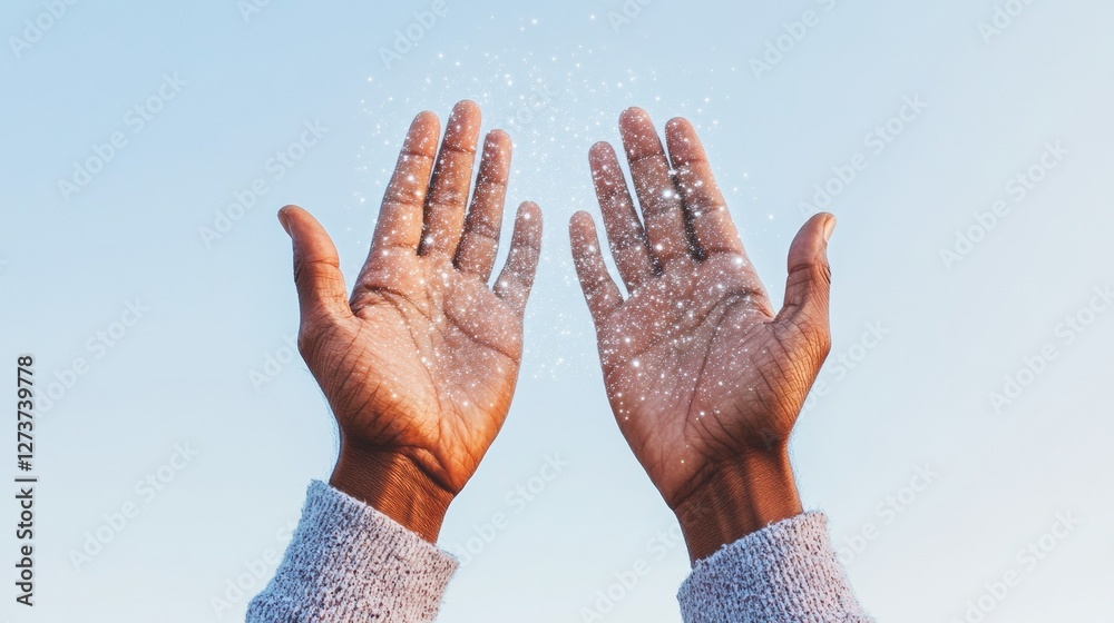 Poster Futuristic Tech Vision Black Hands in Soft Knit Floating Digital Particles - Visualizing Modern Digital Transformation and Human-Technology Synergy for Business Innovation