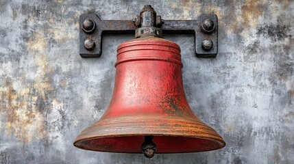 Fototapeta premium Rusty red bell on weathered gray wall