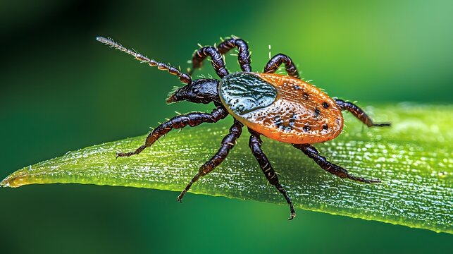 Glowing Tick Latched on a Vibrant Green Leaf Blade Pest Concept with Copy Space