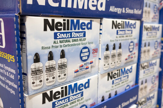 Boxes of NeilMed Sinus Rinse on a grocery shelf