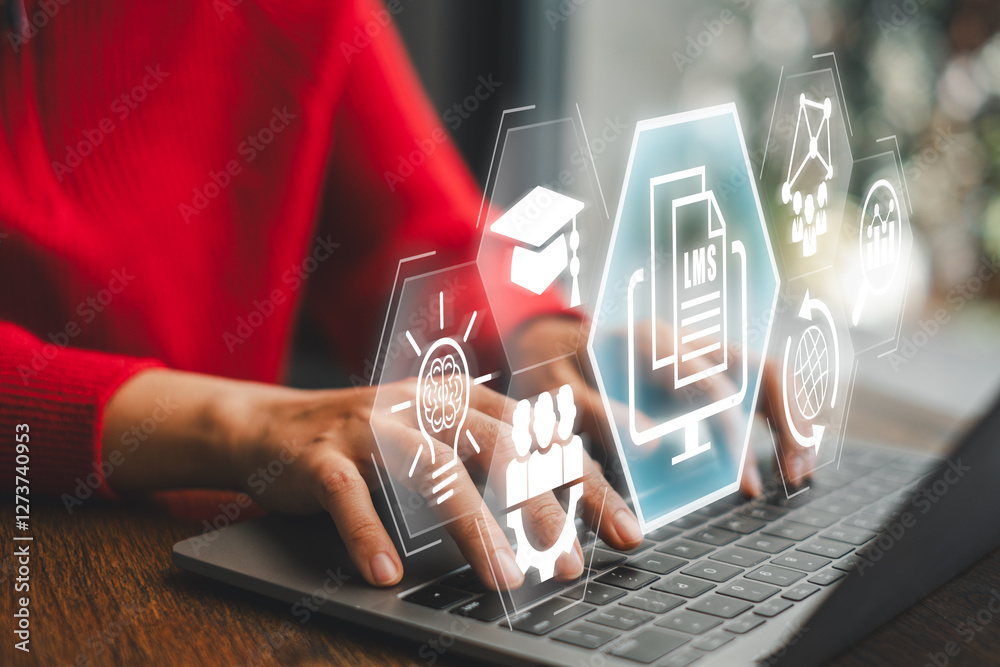 Wall mural conceptual image of a learning management system with digital icons representing online education an