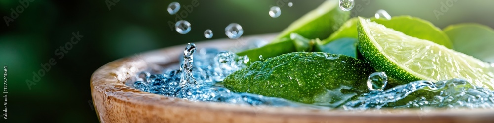Aufkleber vibrant citrus splash dynamic lime and water motion with droplets in artisan vessel - refreshing bev