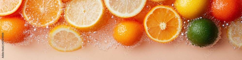 Poster vibrant citrus splash mixed fruits in dynamic water bubbles - refreshing beverage ad content for hea