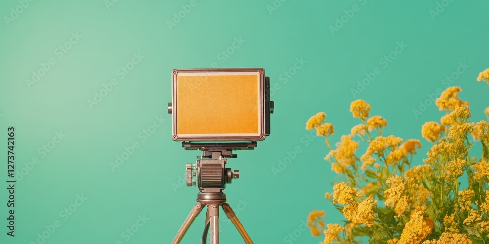 Poster retro-inspired media production setup vintage camera on matte finished tripod with vibrant flora - c