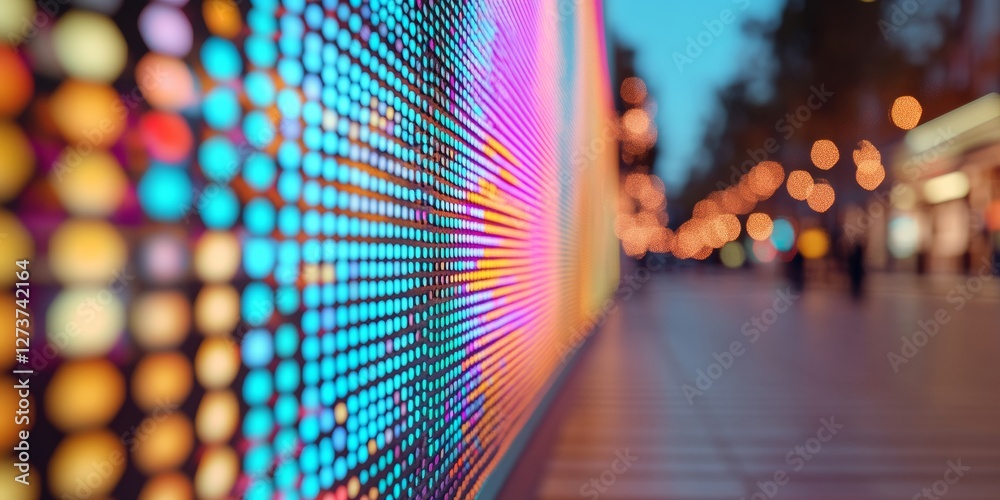 Aufkleber Neon Digital Display Dynamic LED Graph on Reflective Surface in Urban Setting - Real-Time Data Visualization for Tech-Driven Marketing and Broadcasting Innovation