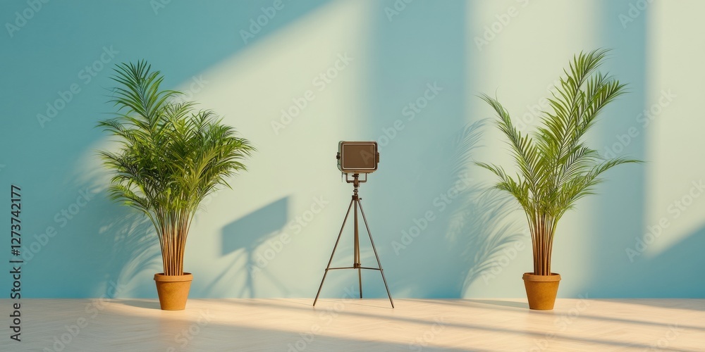 Poster Contemporary Studio Minimalism Professional Camera on Tripod in Natural Light - Modern Media Setup for Digital Content Creators and Broadcast Innovators
