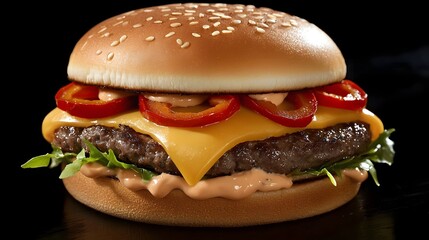 Minimalist and modern cheeseburger with a grilled beef patty melted cheese fresh tomato onion and lettuce slices and spicy chili peppers styled against a clean black background for a sleek