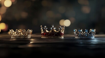 Una mesa tradicional de madera con destellos de luces y espacio para copas con las tres coronas elegantes de los reyes magos para festejar el dia de los reyes magos de forma convencional