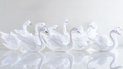 Obraz premium On a mirrored surface, a tranquil arrangement of folded origami swans is bathed in the softness of gentle lighting