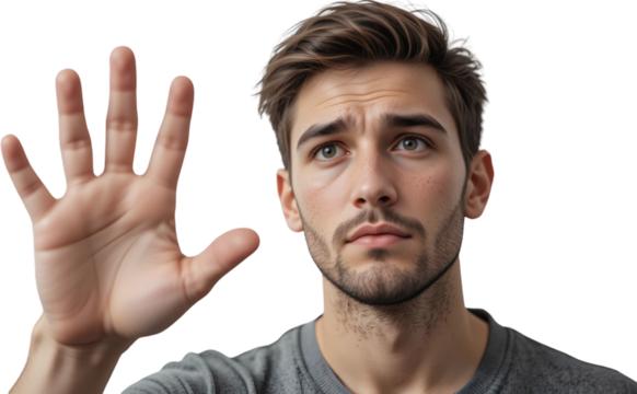 Young Man with Brown Hair Raising Hand Open Palm Gesture Close Up Portrait