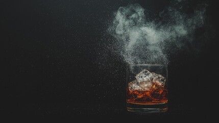 Whisky is poured into a glass containing ice cubes from a top-down perspective