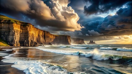 Fototapeta premium Majestic Ocean Waves Crash Against Dramatic Cliffside Landscape