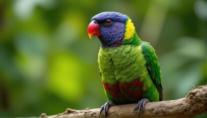 Naklejka premium Colorful Parrot Perched on Branch in Lush Green Environment
