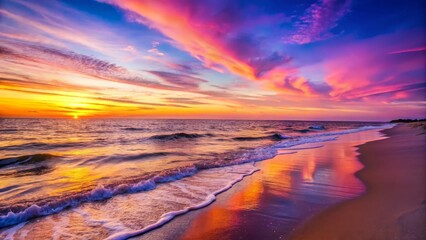 Fototapeta premium Vibrant Sunset Over Calm Ocean Waves and Sandy Beach Shoreline